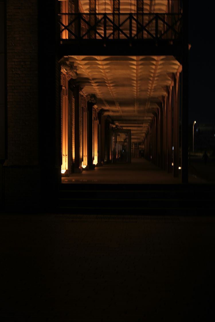 A row of pillars lit up at night