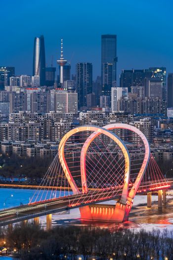 a city skyline with a ferris wheel in the foreground