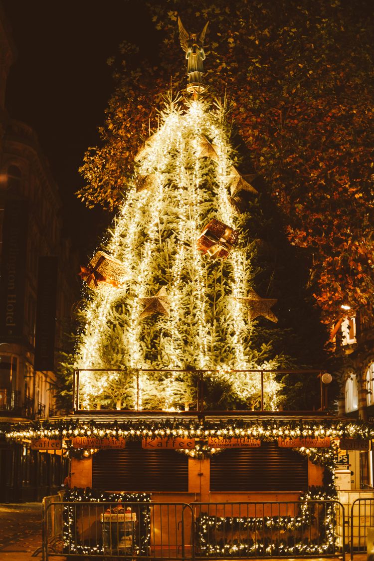 turned-on string lights on statue in city