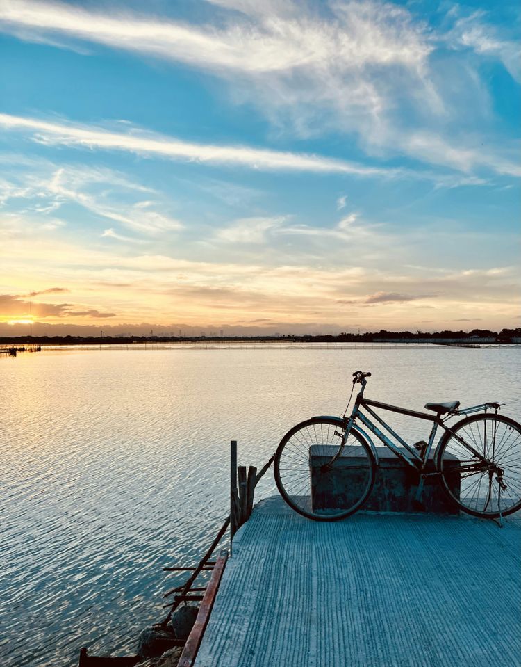 a bike is parked on a dock near the water