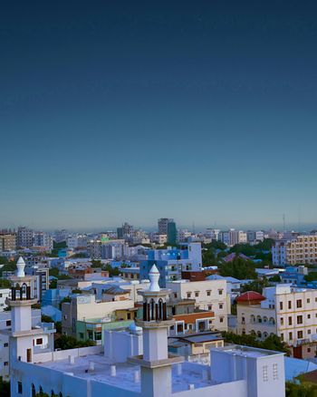 A view of a city with tall buildings