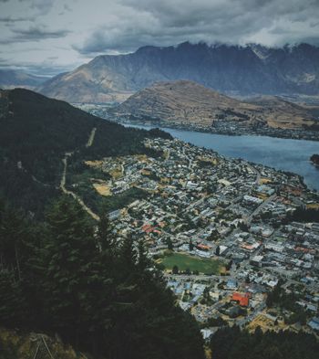 aerial view of cityscape near mountains