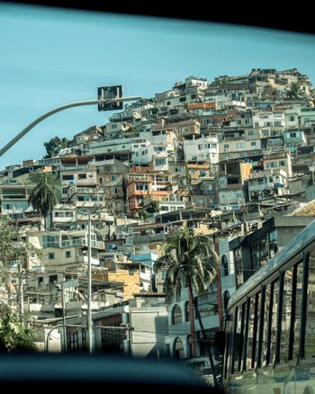 A view of a city from a moving vehicle