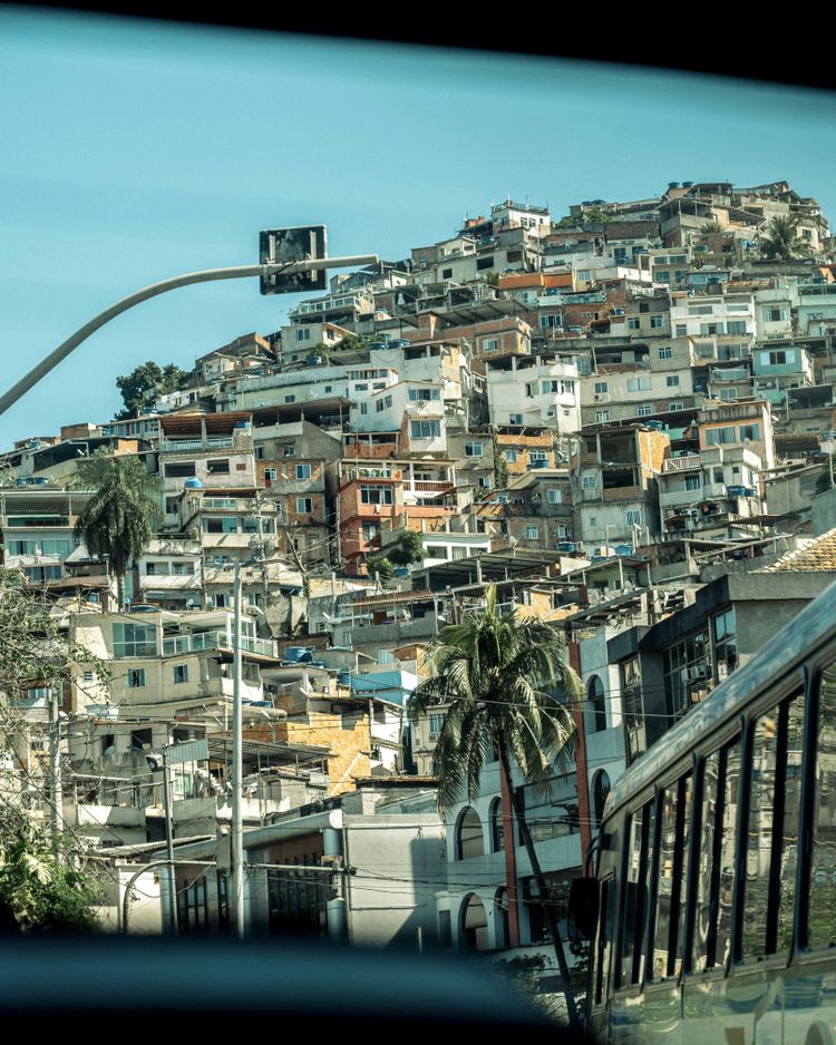 A view of a city from a moving vehicle