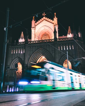 train near building during night