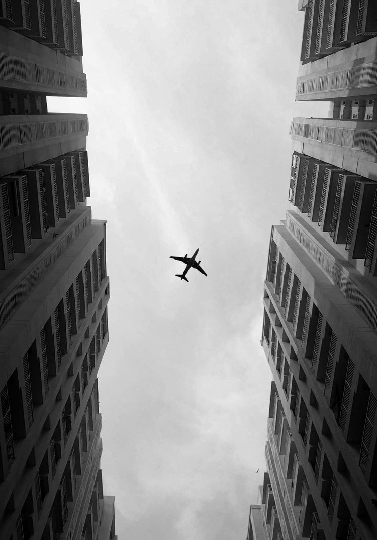 grayscale photo of airliner over high-rise building