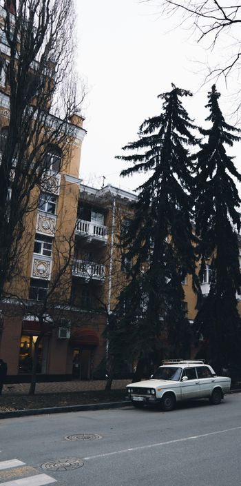 a white truck parked in front of a building with a tree in front