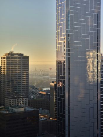 A view of a city with tall buildings