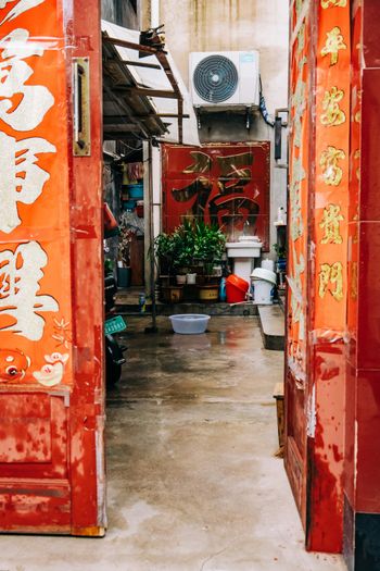 An alley way with red painted doors and potted plants