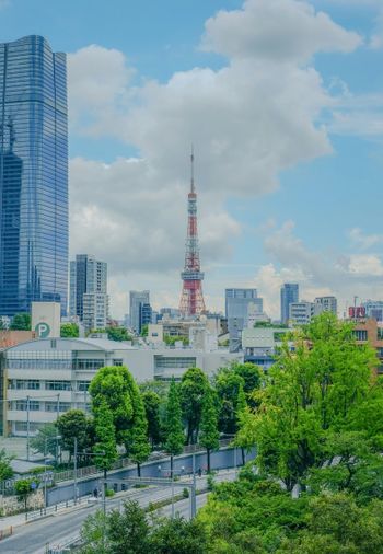 A view of a city with tall buildings